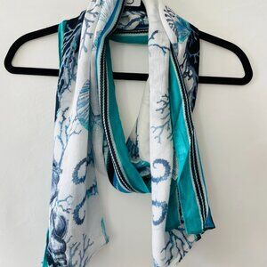 Chico's Womens Blue & White Ocean Print Lightweight Rectangular Scarf One Size